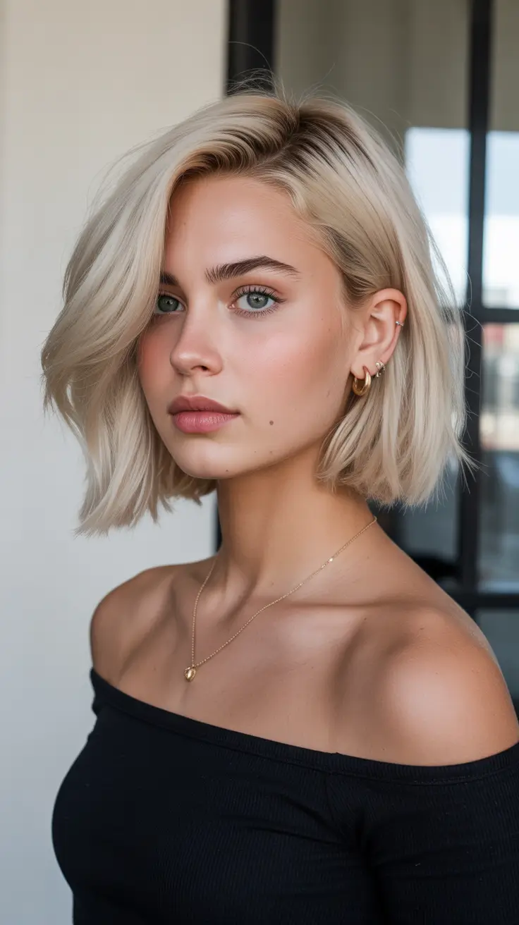 Medium Winter Haircuts 2025-2026 Cool Blonde Bob with Side Part