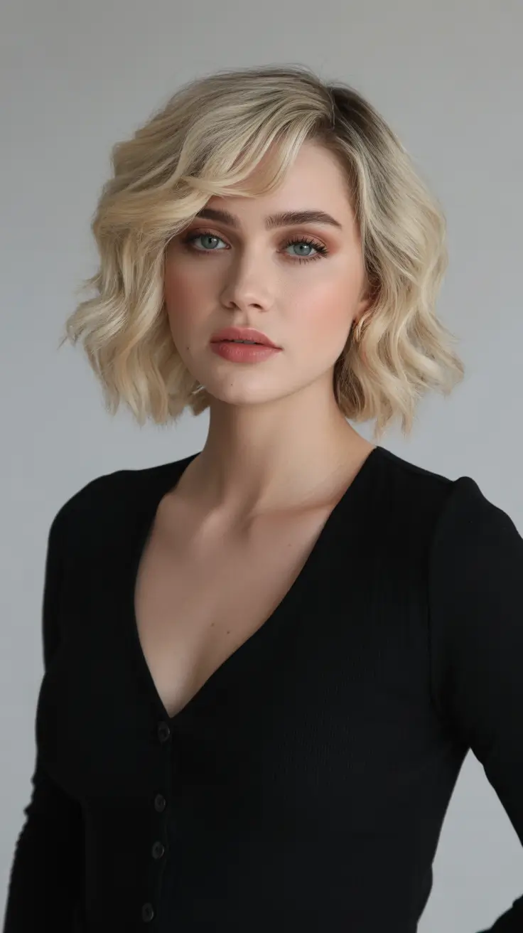 Medium Winter Haircuts 2025-2026 Platinum Waves with Side-Swept Bangs