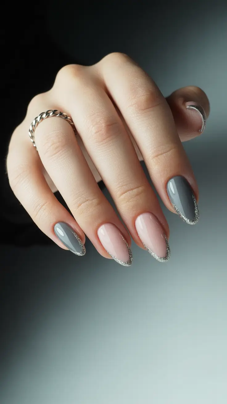winter acrylic nails almond shape Silver-Edged Elegance