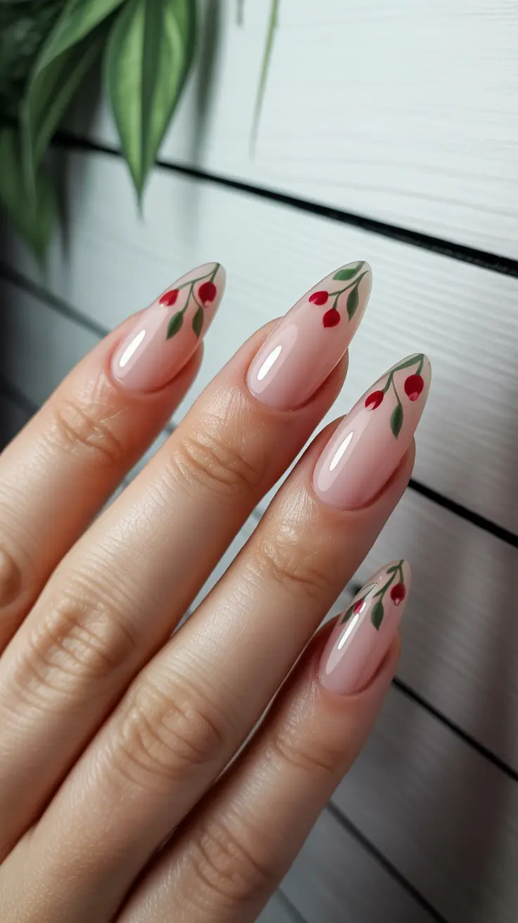 winter acrylic nails almond Cherry Frost Whimsy