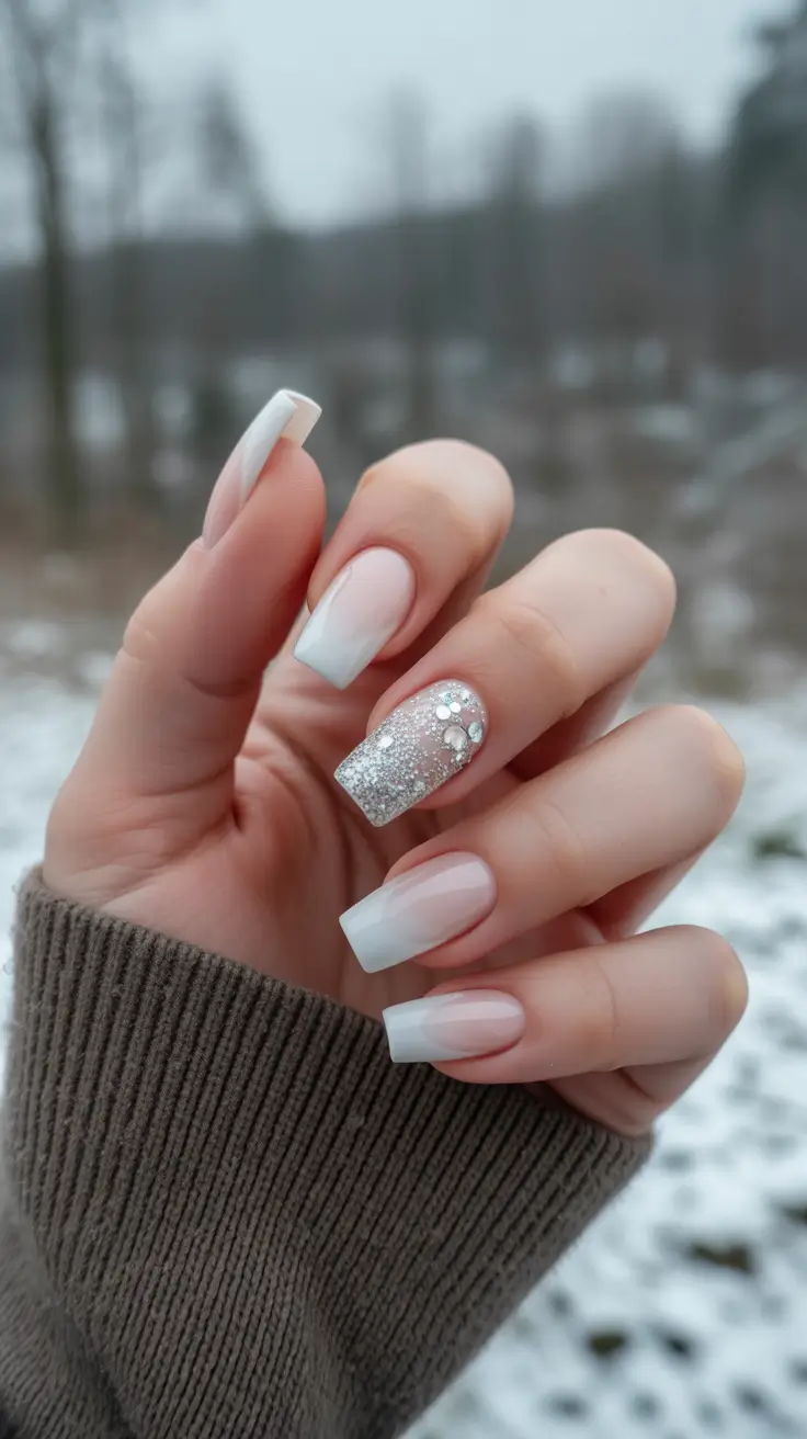 winter acrylic nails coffin Crystal Snow Ombre