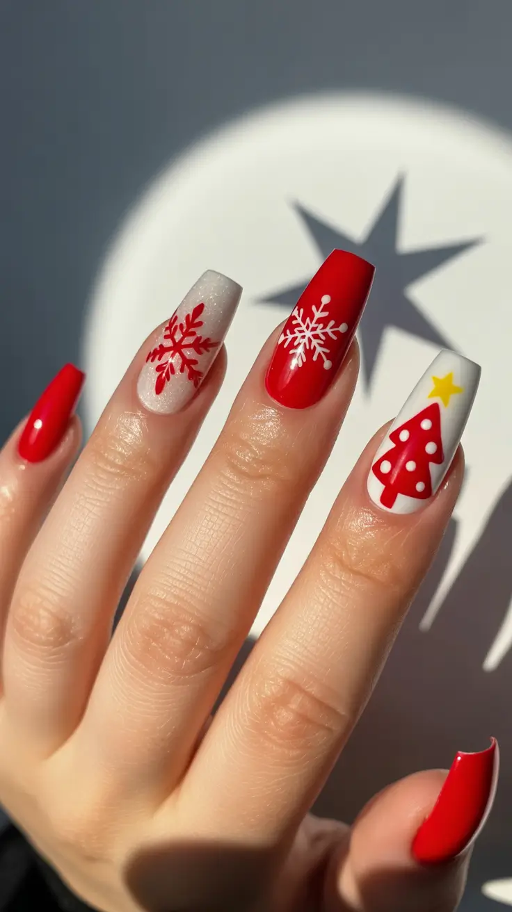 winter acrylic nails red Festive Red Whimsy