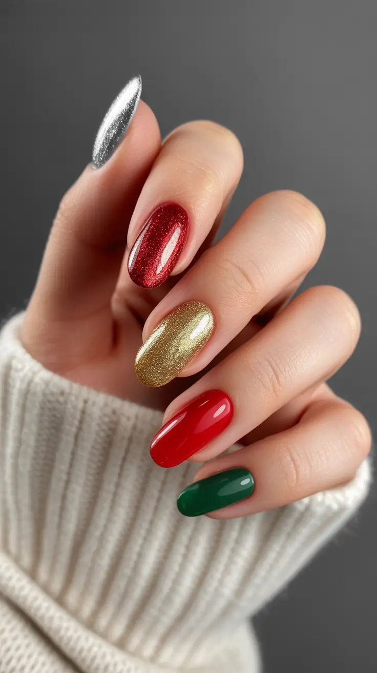 winter acrylic nails almond shape Holiday Metallic Harmony