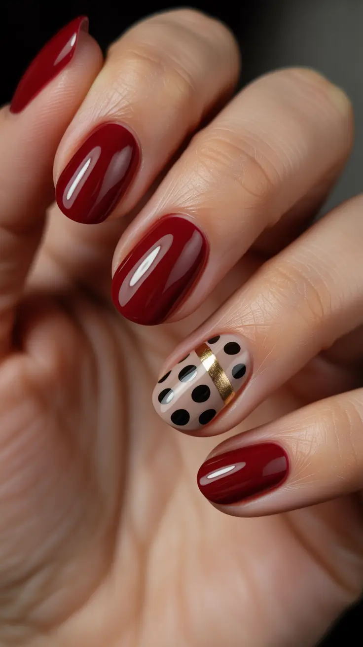 Modern Burgundy Nails Colors Winter 2025-2026 Chic Burgundy with Polka Accent