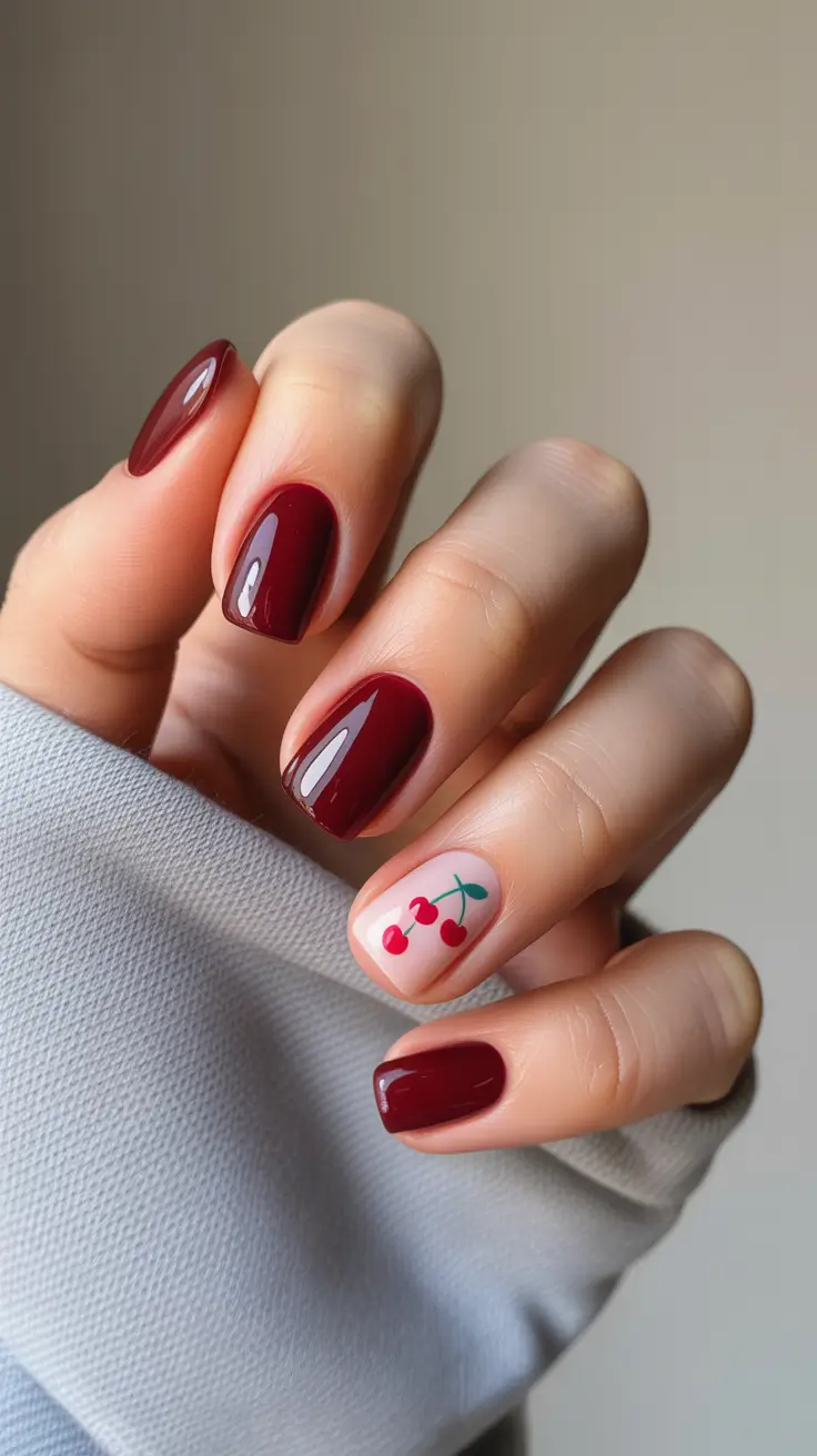 Modern Burgundy Nails Colors Winter 2025-2026 Playful Burgundy with Cherry Detail