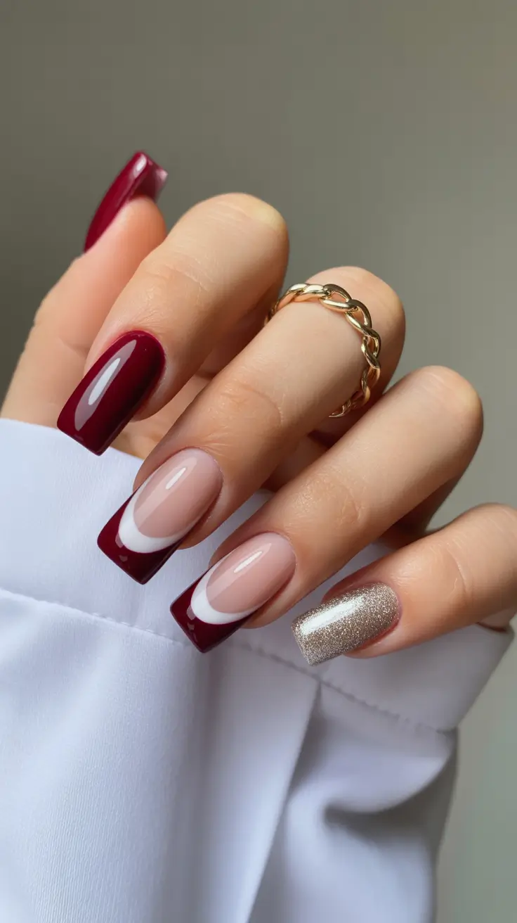 Modern Burgundy Nails Colors Winter 2025-2026 Golden Glamor French with Burgundy Tips
