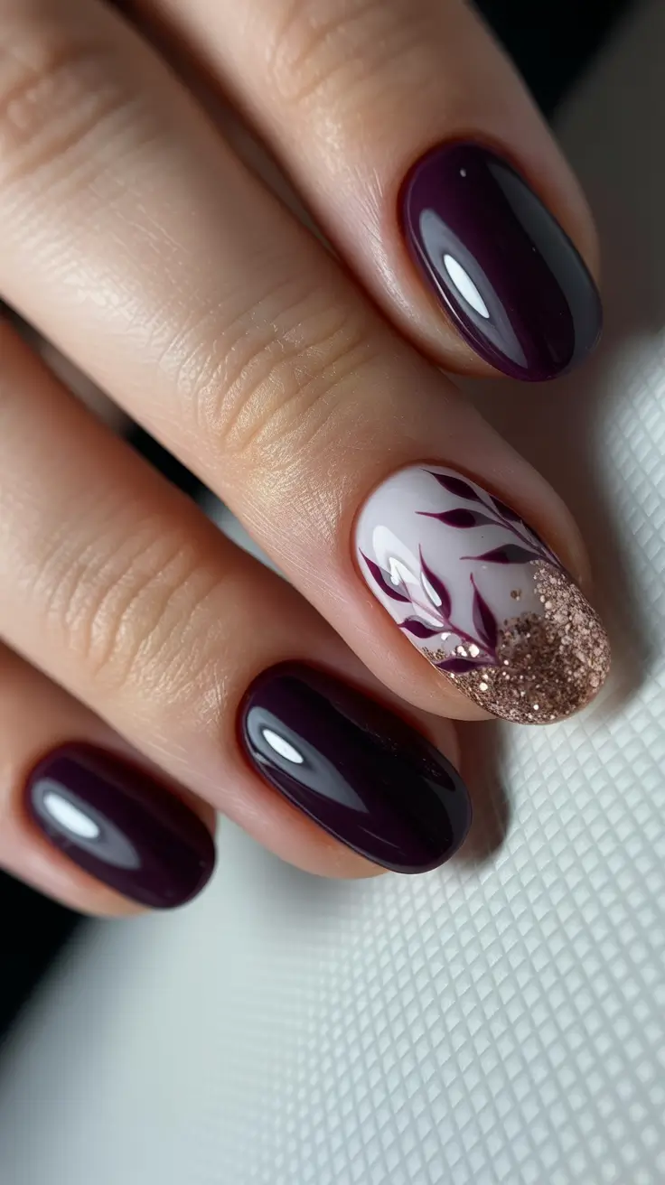 Modern Burgundy Nails Colors Winter 2025-2026 Berry Embers with Metallic Leaf Accent