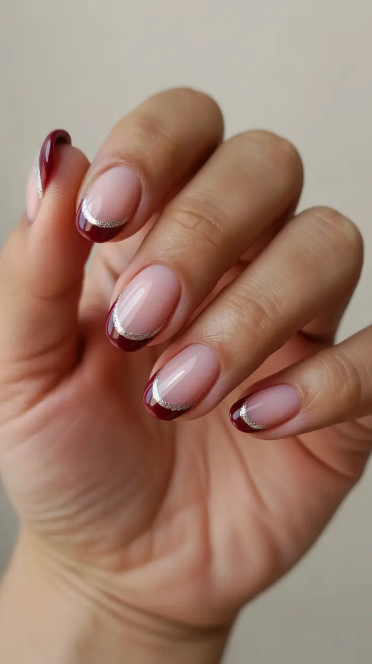 Modern Burgundy Nails Colors Winter 2025-2026 Silver-Lined Burgundy French