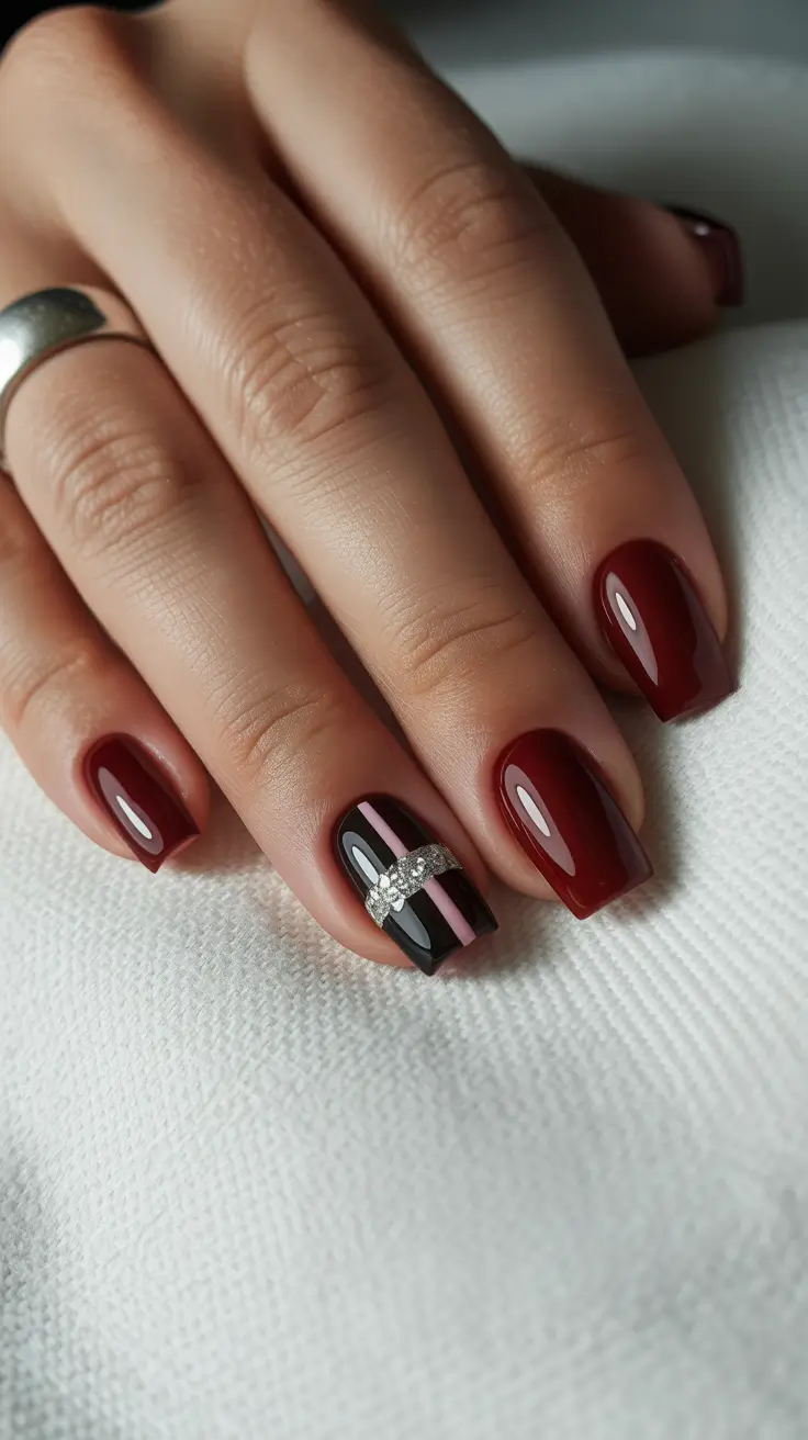 Modern Burgundy Nails Colors Winter 2025-2026 Midnight Gloss with a Touch of Glam