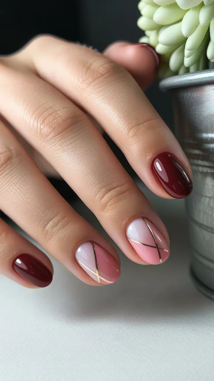 Modern Burgundy Nails Colors Winter 2025-2026 Diagonal Blush and Burgundy Geometry