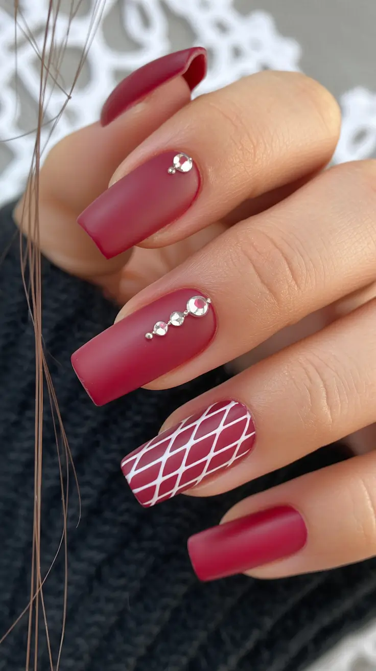Modern Burgundy Nails Colors Winter 2025-2026 Matte Burgundy with Crystal Charm