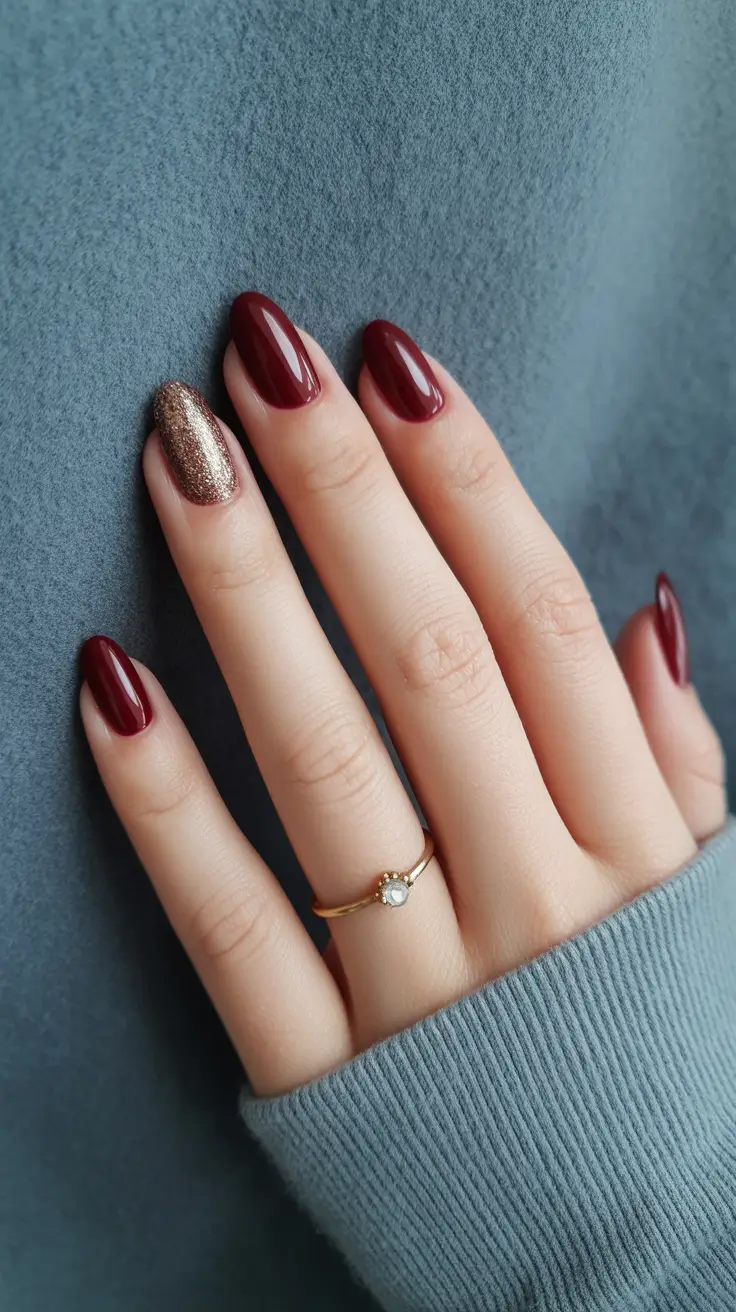Modern Burgundy Nails Colors Winter 2025-2026 Burgundy Glow with Golden Accent