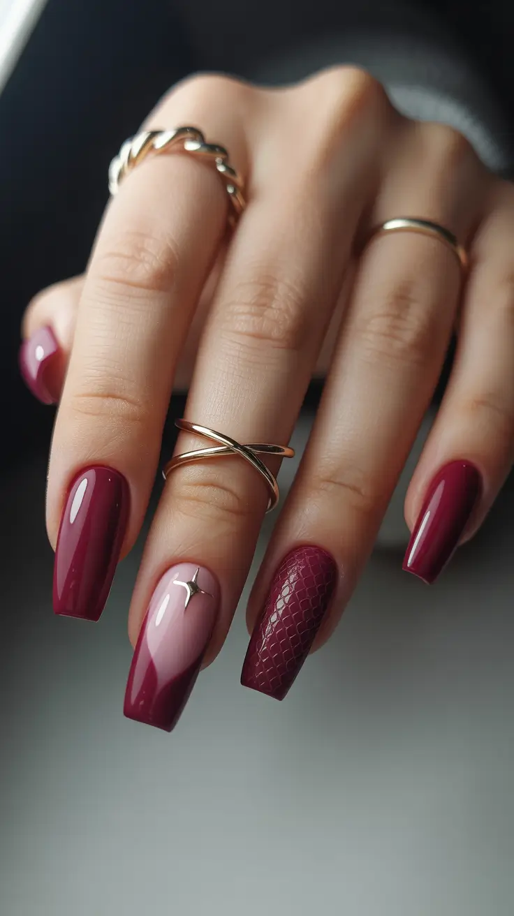 Modern Burgundy Nails Colors Winter 2025-2026 Textured Elegance with a Star Accent