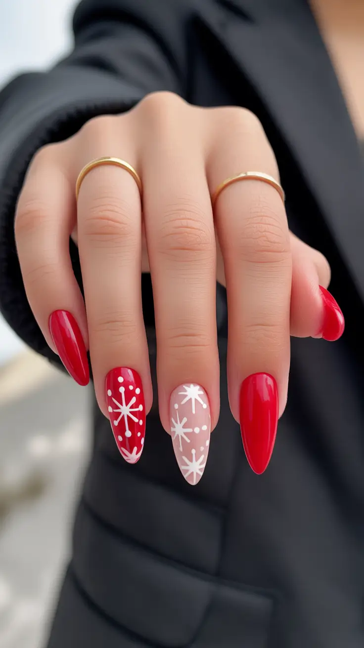 Modern Red Christmas Nails 2025 Playful Snowburst Glam