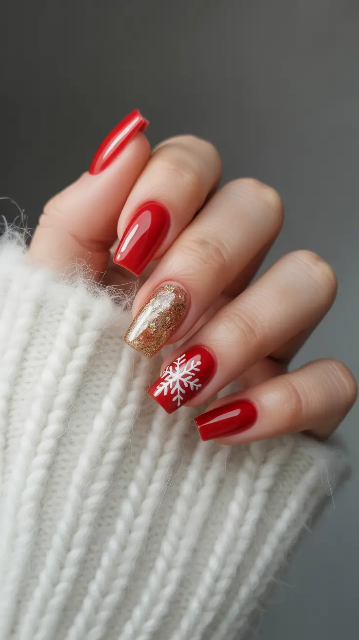 Modern Red Christmas Nails 2025 Golden Flake Perfection