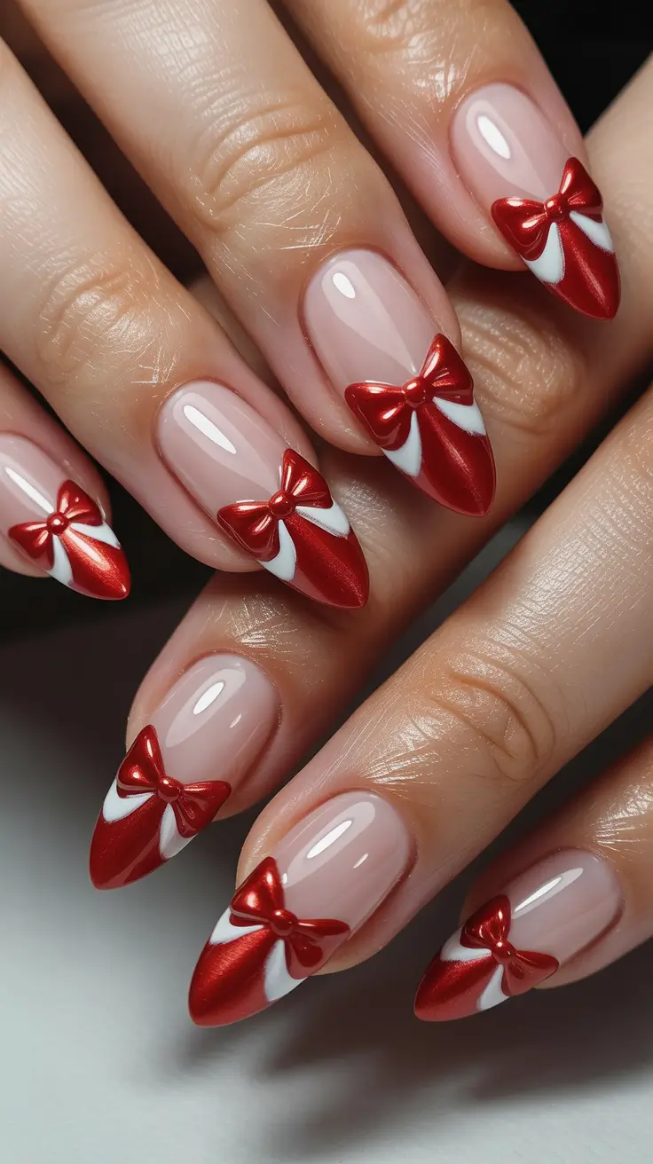 Modern Red Christmas Nails 2025 Ribbon Romance