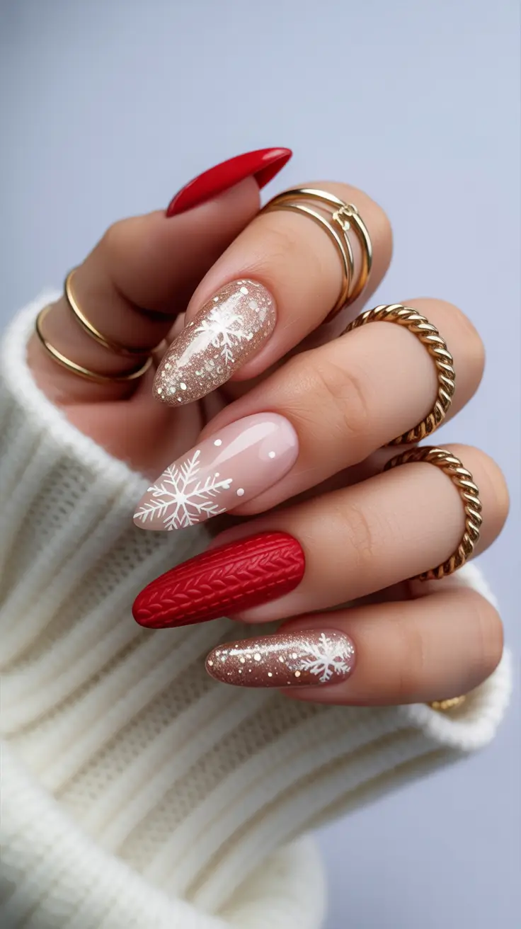 Modern Red Christmas Nails 2025 Golden Glow & Cozy Texture