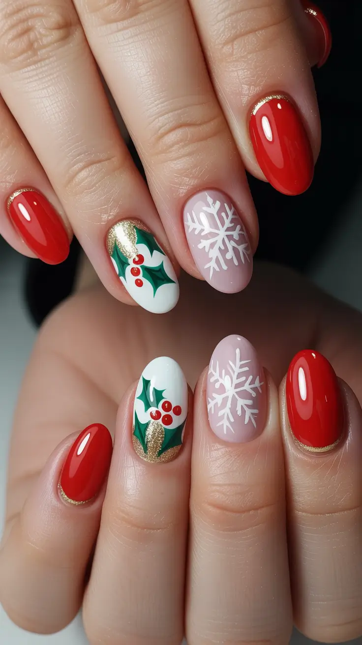 Modern Red Christmas Nails 2025 Holly Red & Mistletoe Charm