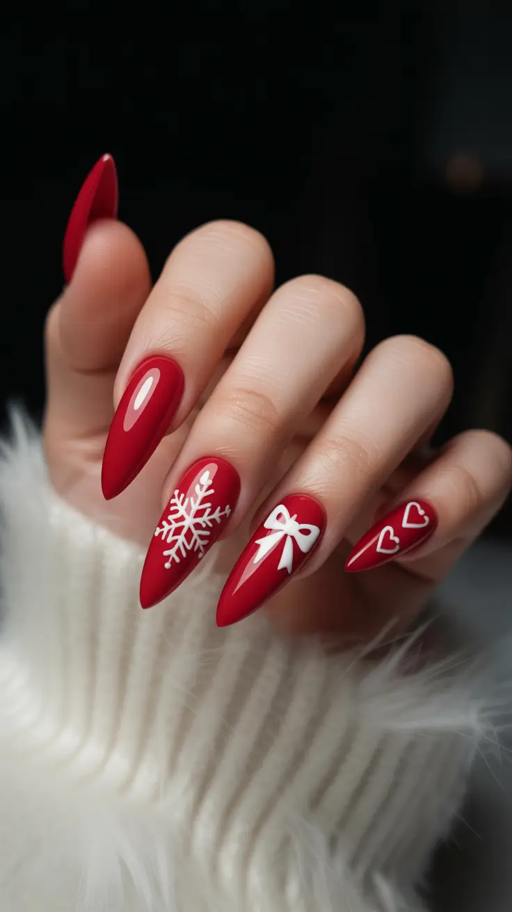 Modern Red Christmas Nails 2025 Scarlet Bows & Snowflake Hearts