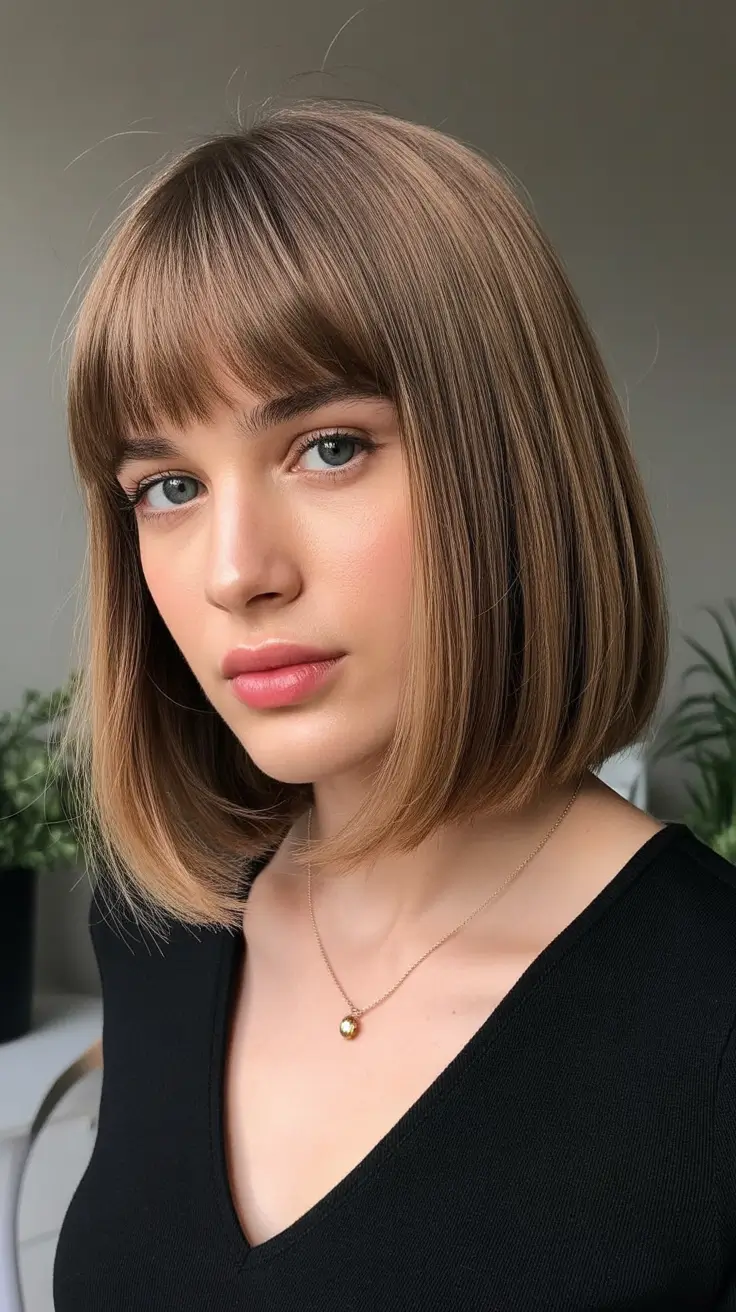 Modern Winter Bob Haircuts 2025-2026 Smooth Caramel Bob with Micro Bangs