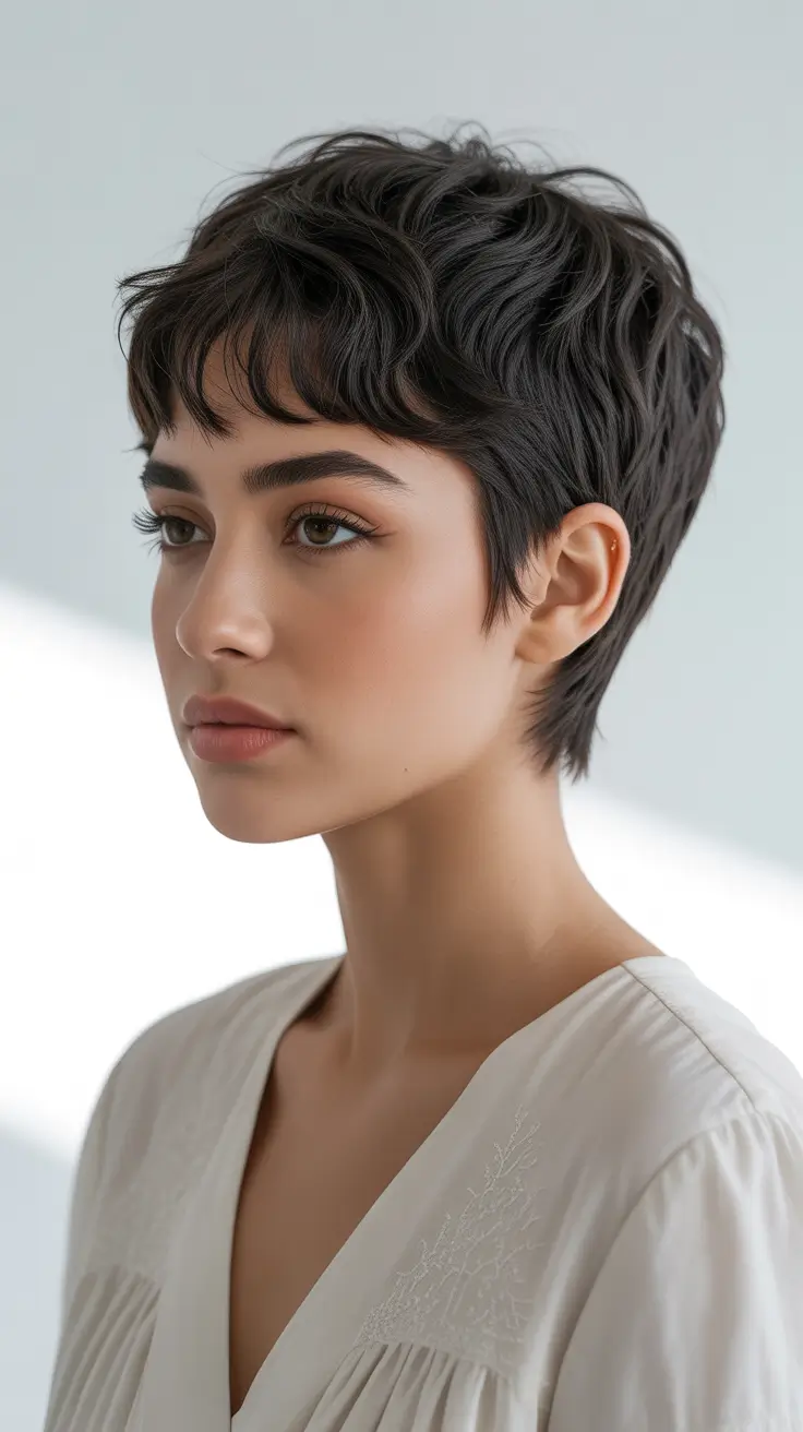 winter pixie haircut 2026 Textured Espresso Pixie with Micro Bangs