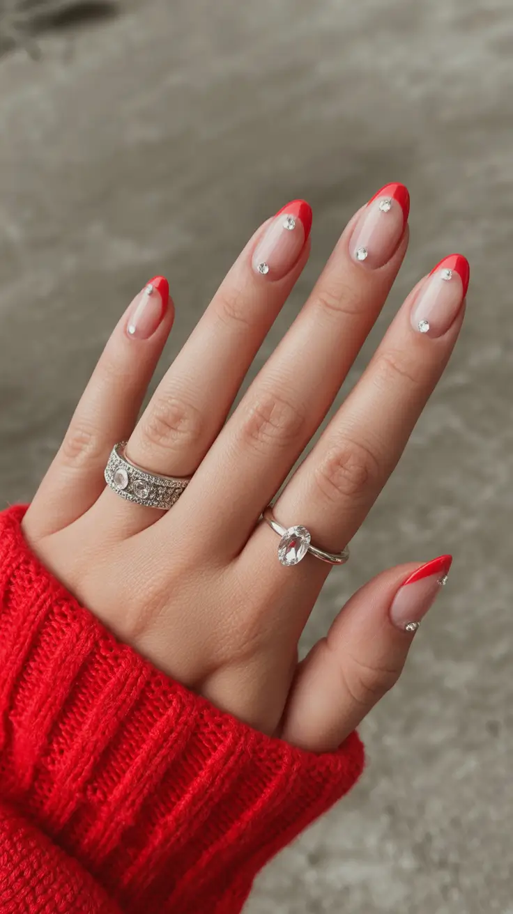 red winter nails ideas 2025-2026 Crystal French Spark