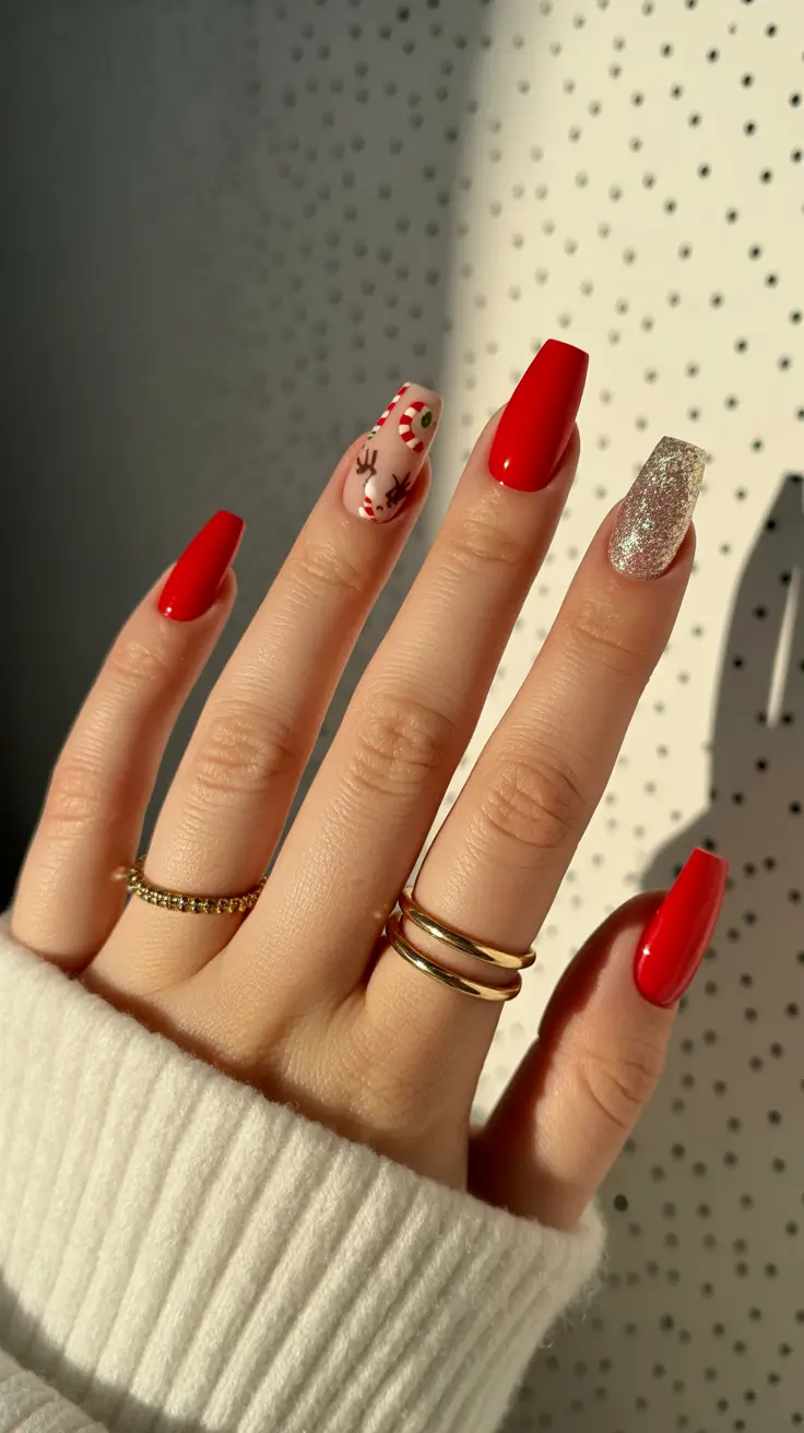 red winter nails ideas 2025-2026 Reindeer Spark
