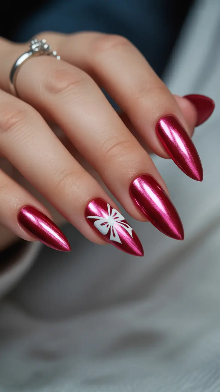 red winter nails ideas 2025-2026 Cherry Chrome Bow