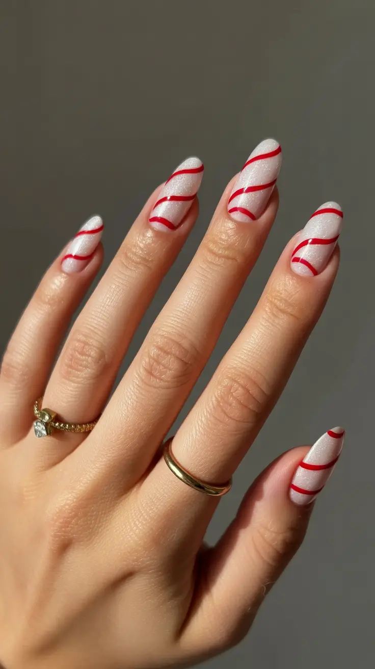 red winter nails ideas 2025-2026 Candy Cane Swirls