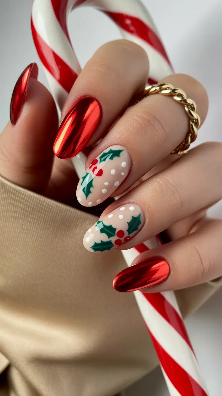 red winter nails ideas 2025-2026 Holly Berries and Chrome