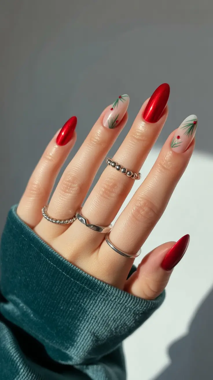 red winter nails ideas 2025-2026 Evergreen Elegance