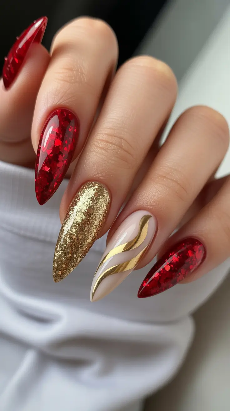 red winter nails ideas 2025-2026 Golden Glamour
