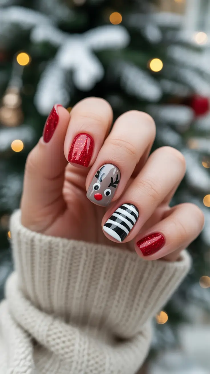red winter nails ideas 2025-2026 Reindeer Joy