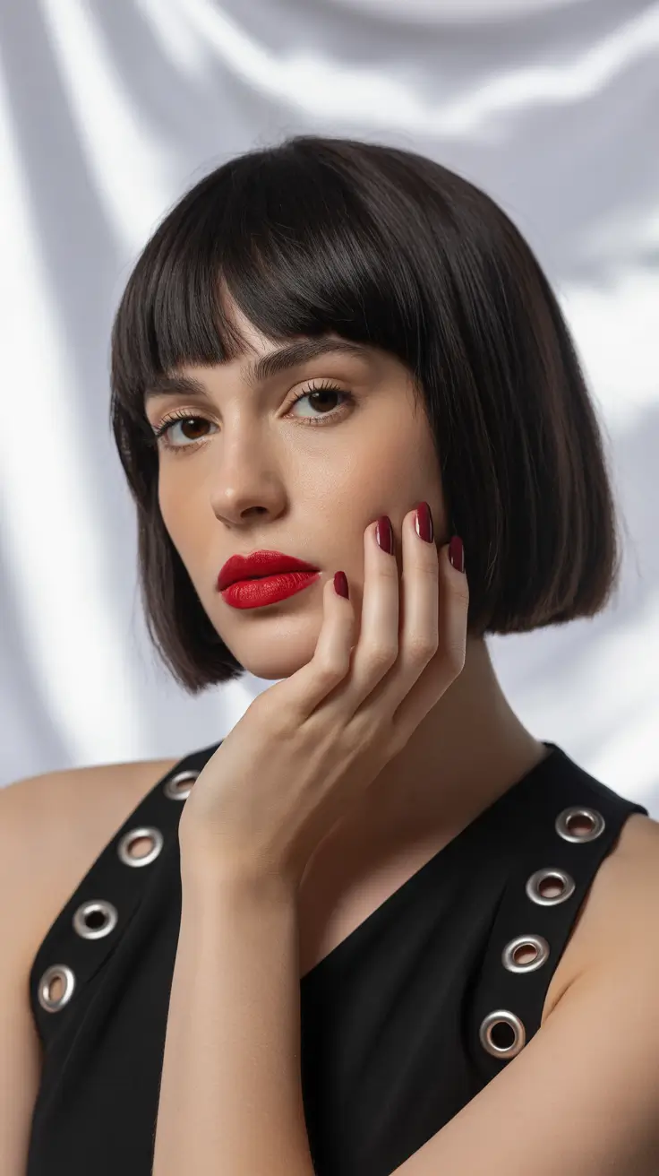 short winter haircuts 2025 - 2026 Midnight Blunt Bob with Bangs