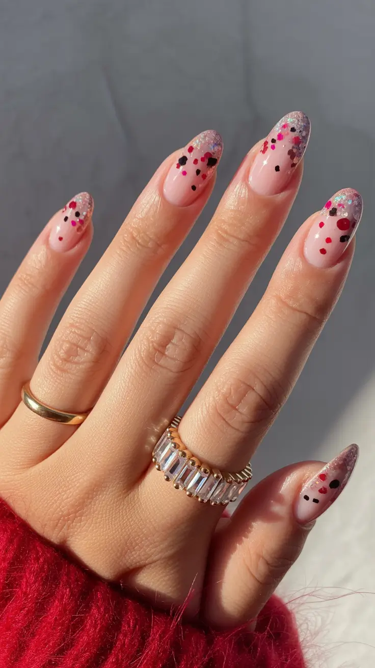 simple winter nails 2026 almond Glittery Confetti Tips