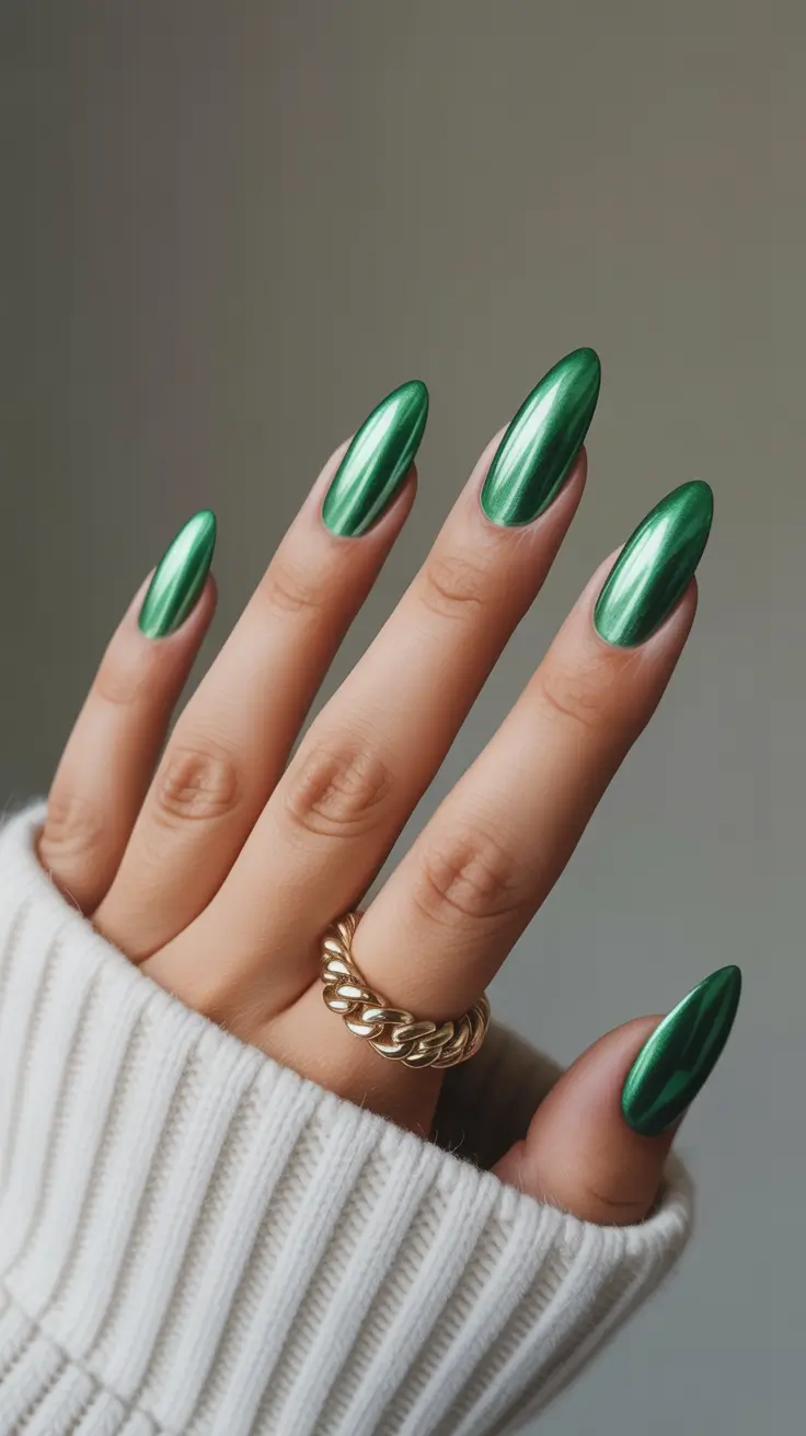 simple winter nails 2026 almond Emerald Chrome Sleek
