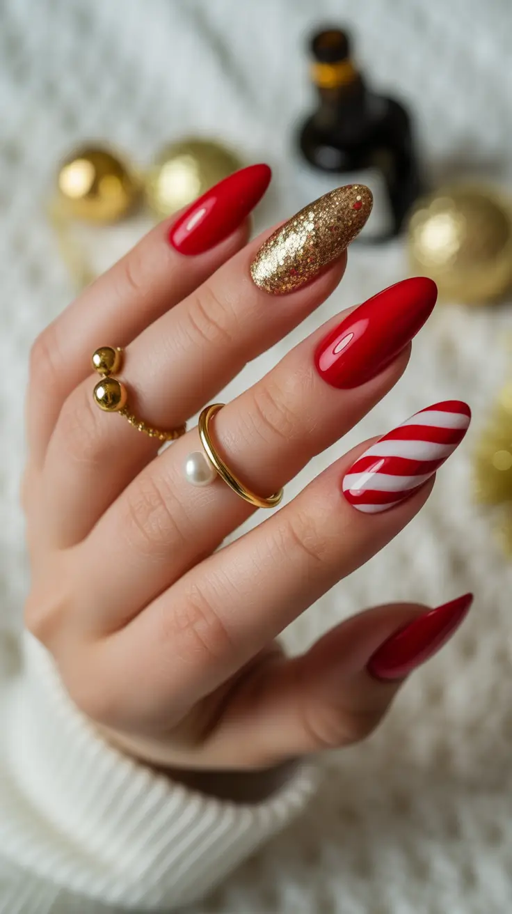 simple winter nails 2026 almond Red Velvet & Candy Stripe Charm