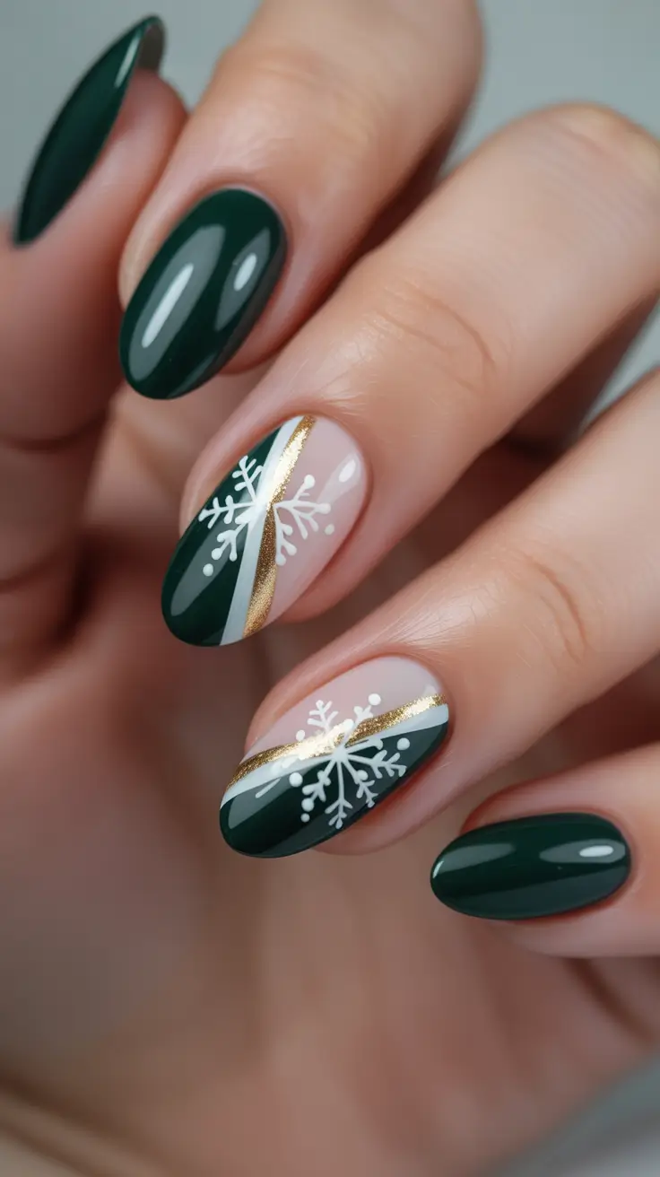 simple winter nails 2026 almond Emerald Snowflakes Elegance