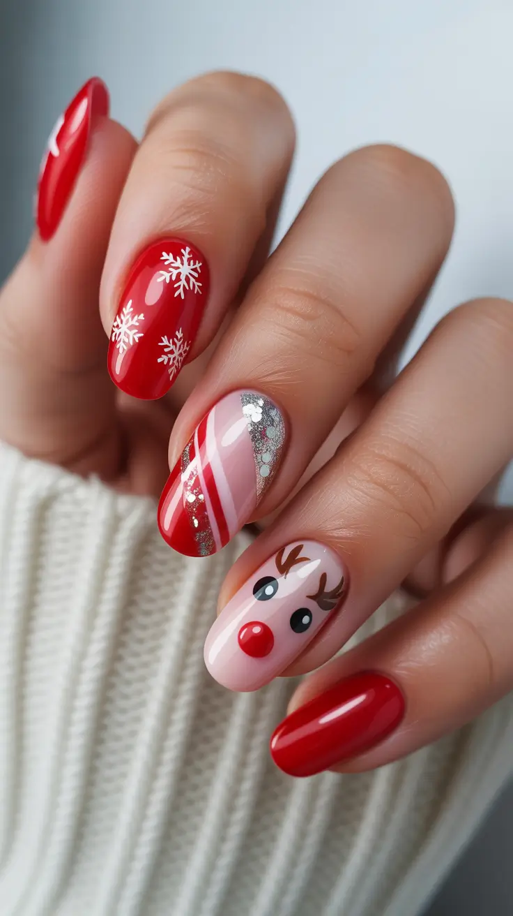 simple winter nails 2026 short Reindeer Magic & Silver Spark