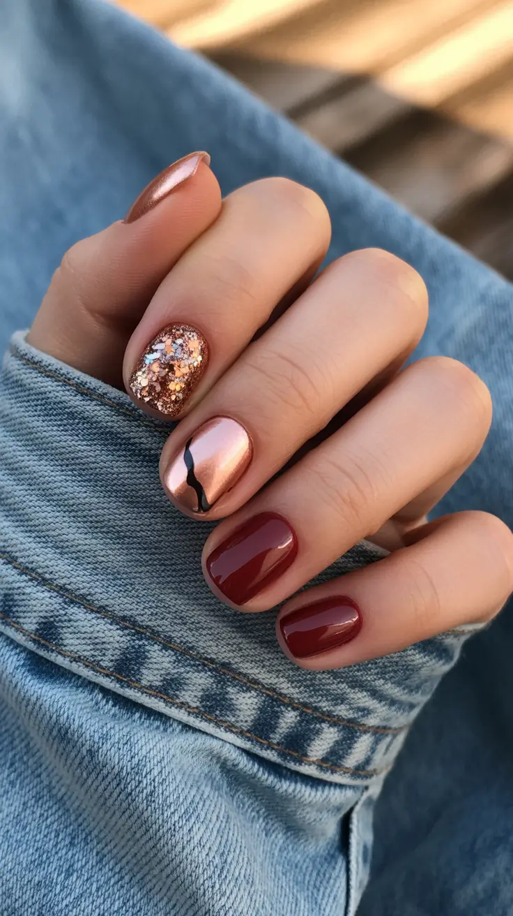 short winter nails ideas 2025 Warm Metallic Glow with Berry Tones