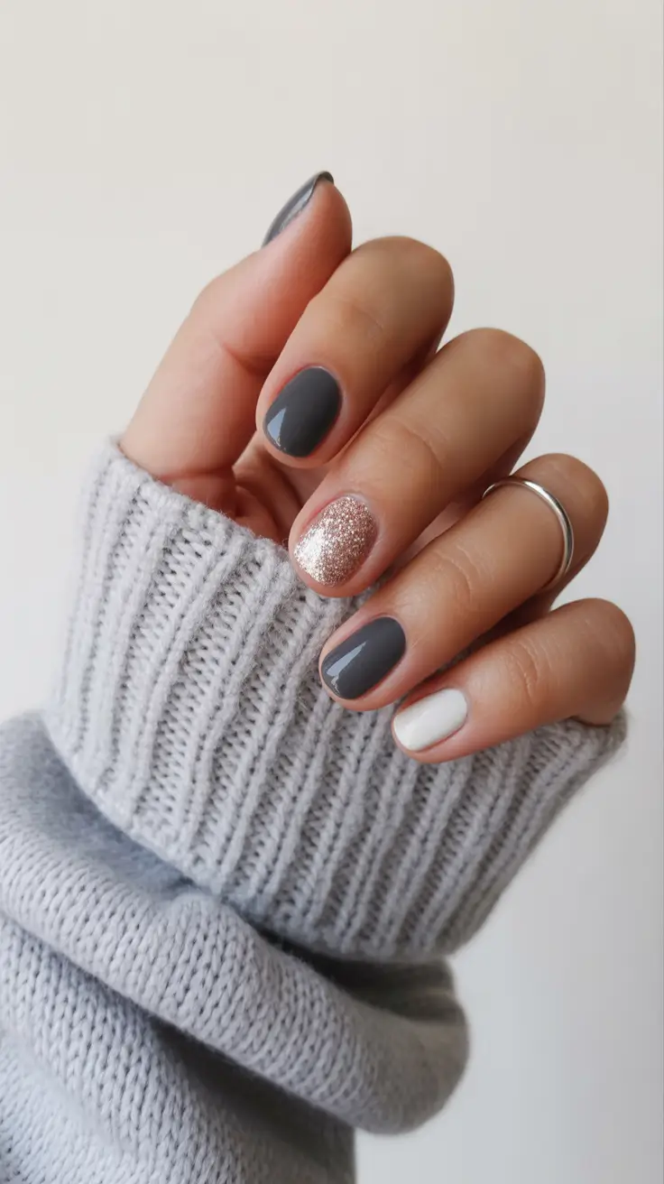 short winter nails designs Cozy Gray & Glitter Harmony