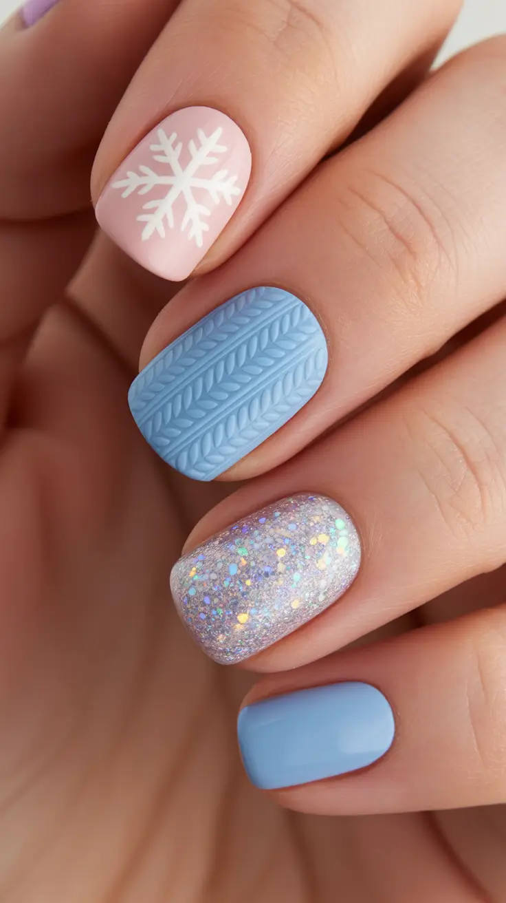 short winter nails blue Snowflake Sweater Blue