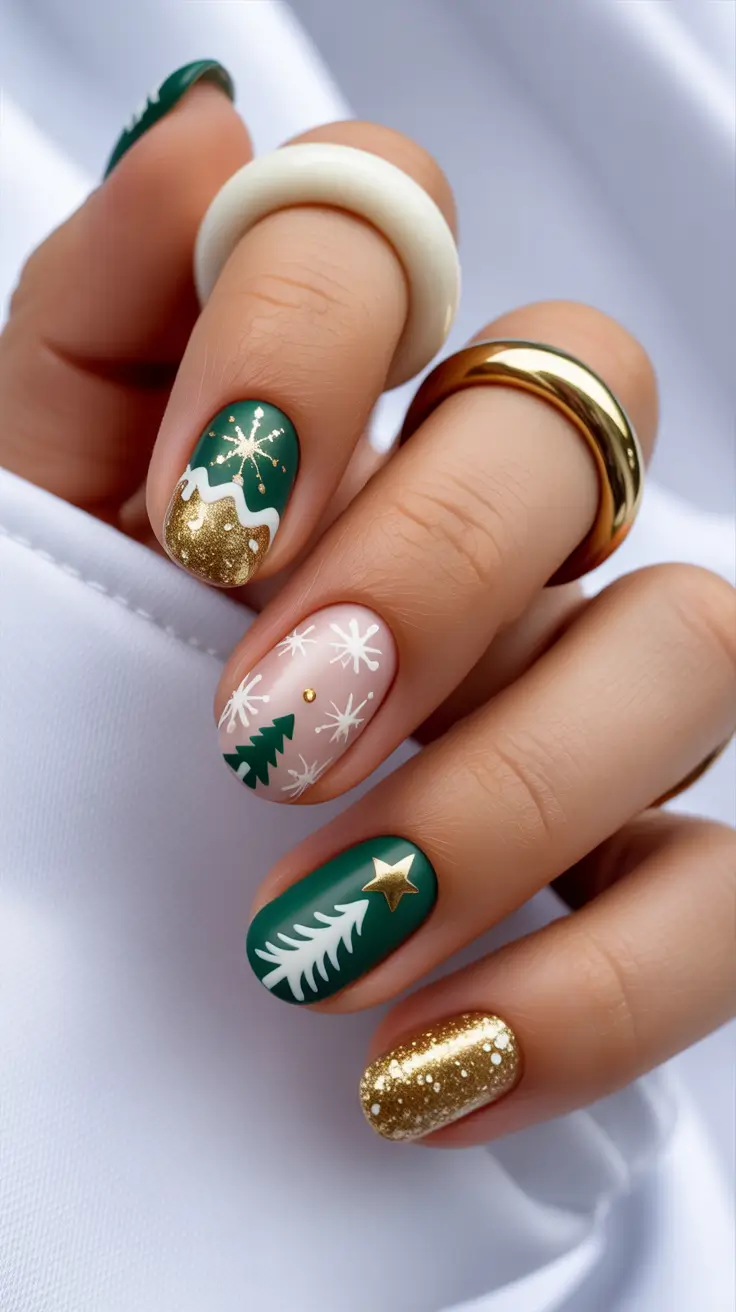 short winter nails christmas Emerald Glam with Golden Spark