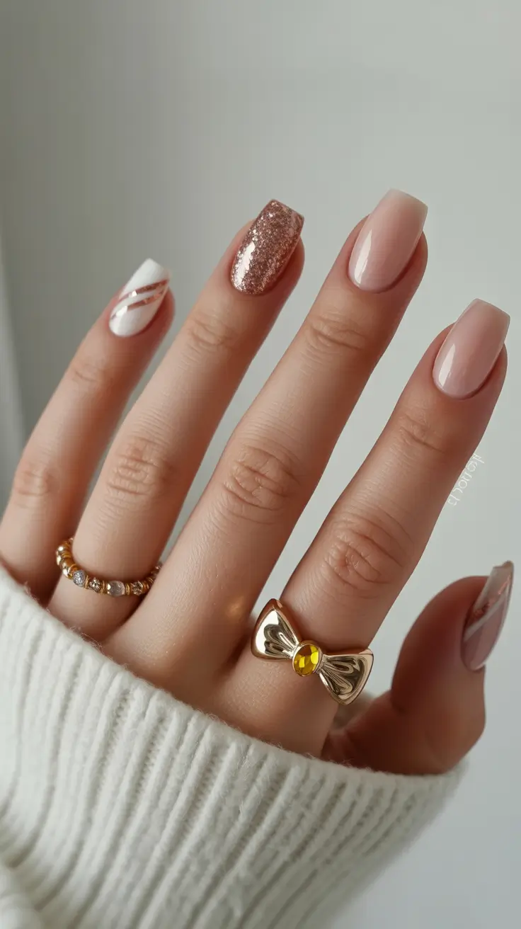 short winter nails nude Rosy Champagne Elegance