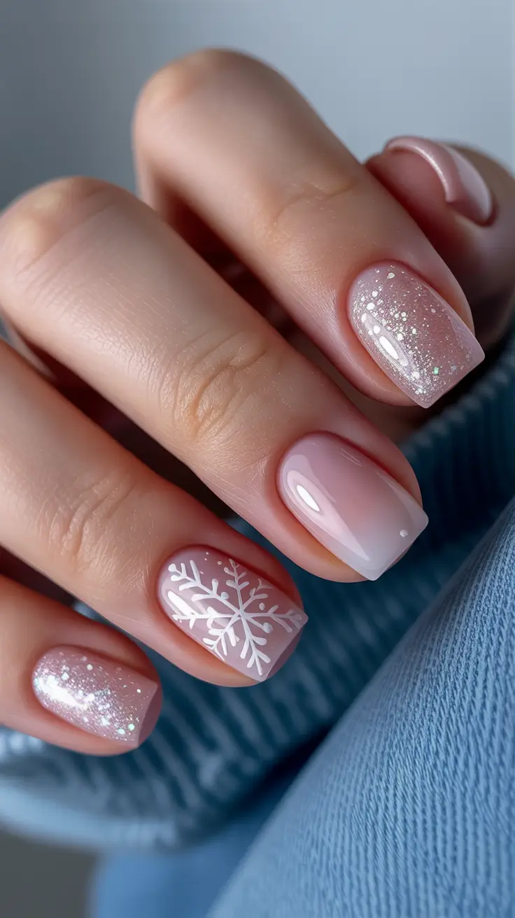 short winter nails pink Soft Blush Snowflakes