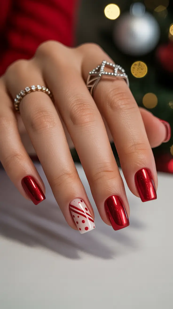 short winter nails red Crimson Shine with Candy Details
