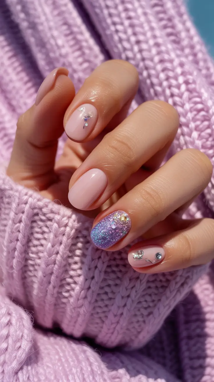 short winter nails pink Soft Lilac Sparkle