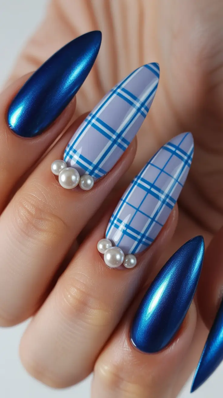 christmas nail colors 2025 Midnight Blue Elegance with Pearl Accent