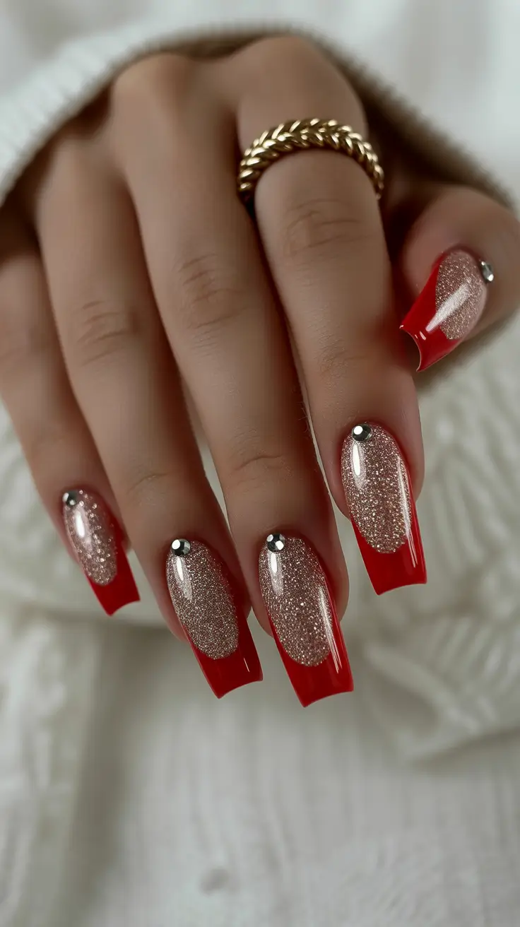 christmas nail colors 2025 Red French Elegance with Sparkle