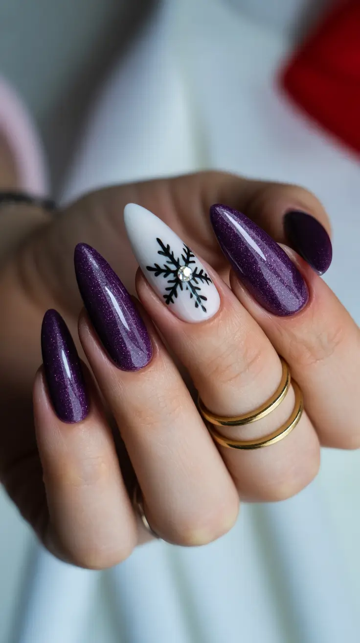 christmas nail colors 2025 Velvet Plum & Snowflake Accent